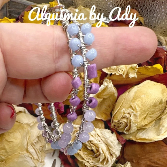 Aquamarine / purple jade silver big extra long wire wrapped hoops/hoop earrings - Picture 2 of 4